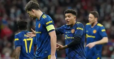 Jadon Sancho (Manchester United) speaks to Harry Maguire (Manchester United)